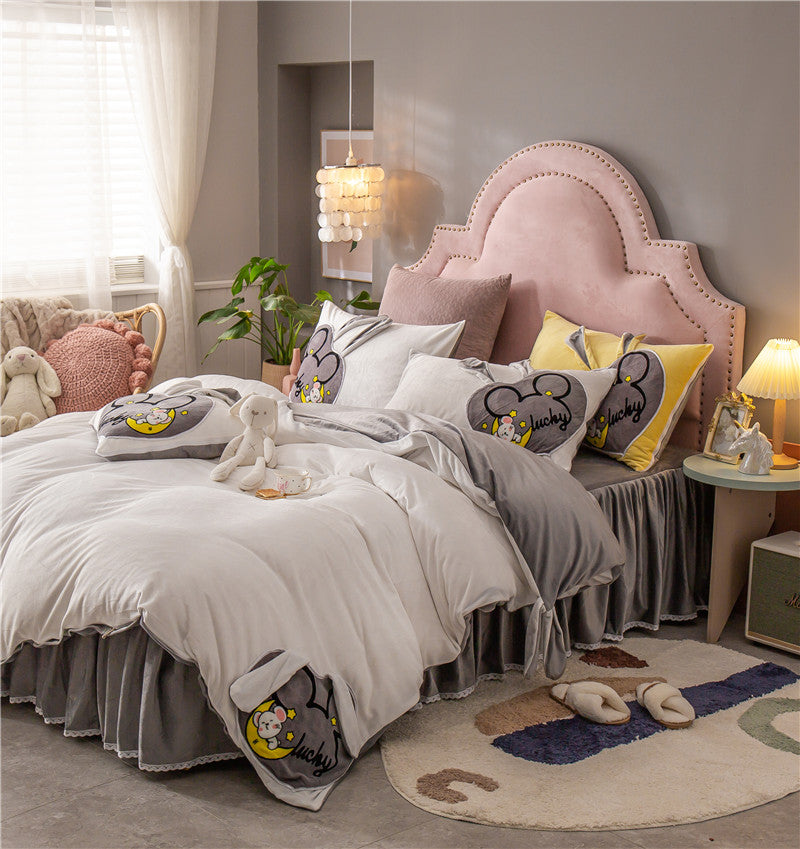 Coral Velvet Padded Warm Duvet Cover Princess Wind Bed Skirt Pi-Mart