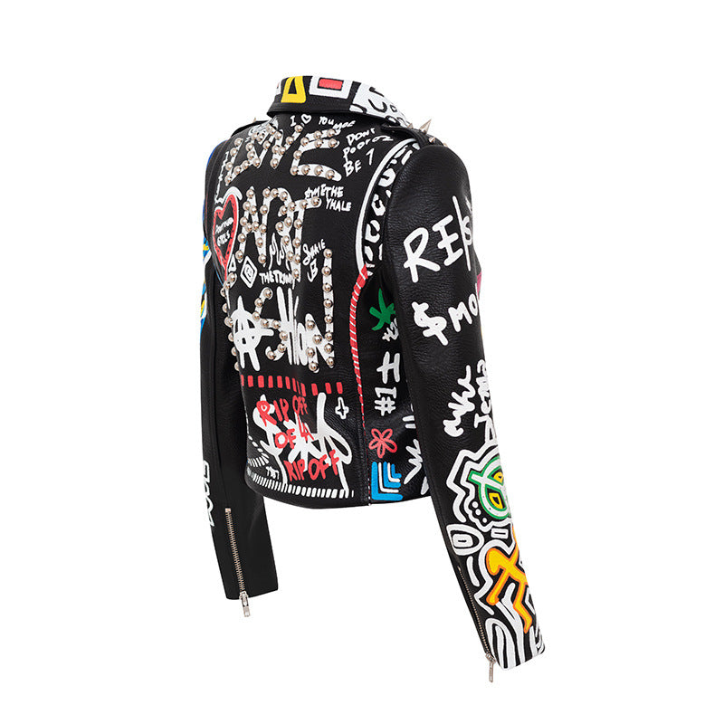 Punk Rock Motorcycle Jacket - Women's Faux Leather Biker Jacket with Studs & Epaulets - Edgy Streetwear, Slim Fit