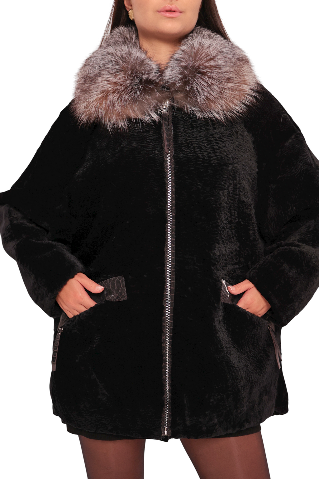 Palermo Genuine Astrakhan Silver Fox Trim Coat - SJB-DIAMOND ELITES