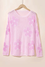 60s Flower Drop Shoulder Hollow Knit Top Light Grey -Femstylo