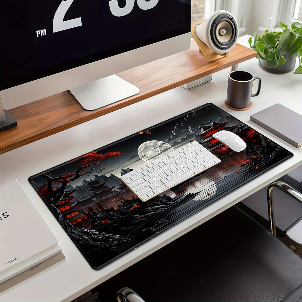 Japanese Style Full Moon River Landscape Desk Mat, Non-Slip Rubber Gaming Mouse Pad, Extended Keyboard Mat for Office and Home Decor, 35.4 x 15.7 Inches Lootquake LLC