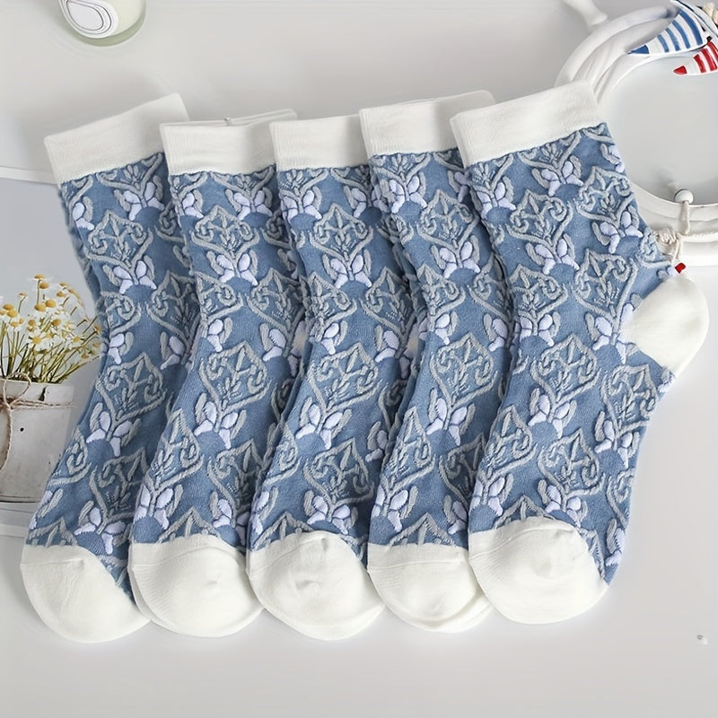 5 Comfy Cartoon Flower Pattern Knitted Socks, Breathable Soft Crew Socks For Outdoor Wearing Lootquake LLC