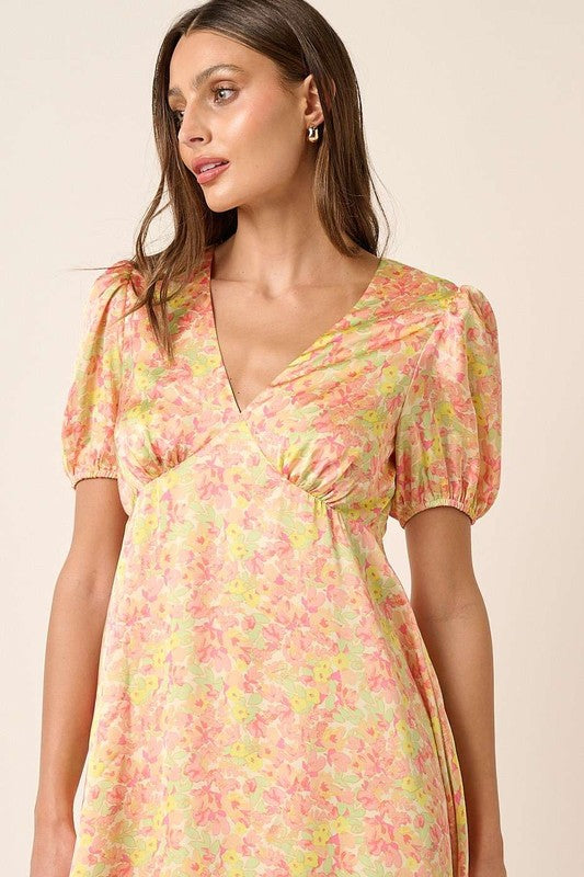 New Summer printed V-Neck Puff Sleeve Mini Dress – Trendy Floral Print with Ruched Detailing and Dramatic Puff Sleeves for a Feminine, Fashion-Forward Look Stevvex