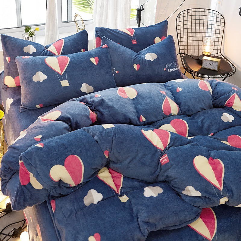 Flannel Bed Sheet Cover, Quilt Cover, Pillowcase And Bedding Set Of 4 Pi-Mart