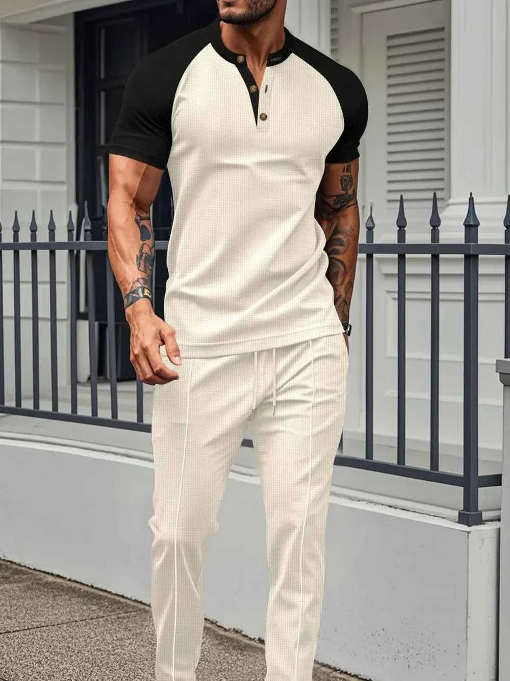 Men's Plus Waffle Knit Set: Cozy Contrast Comfort THRIXINE