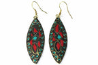 Gold Tone Mosaic Marquise Earrings Turquoise Red Inlay
