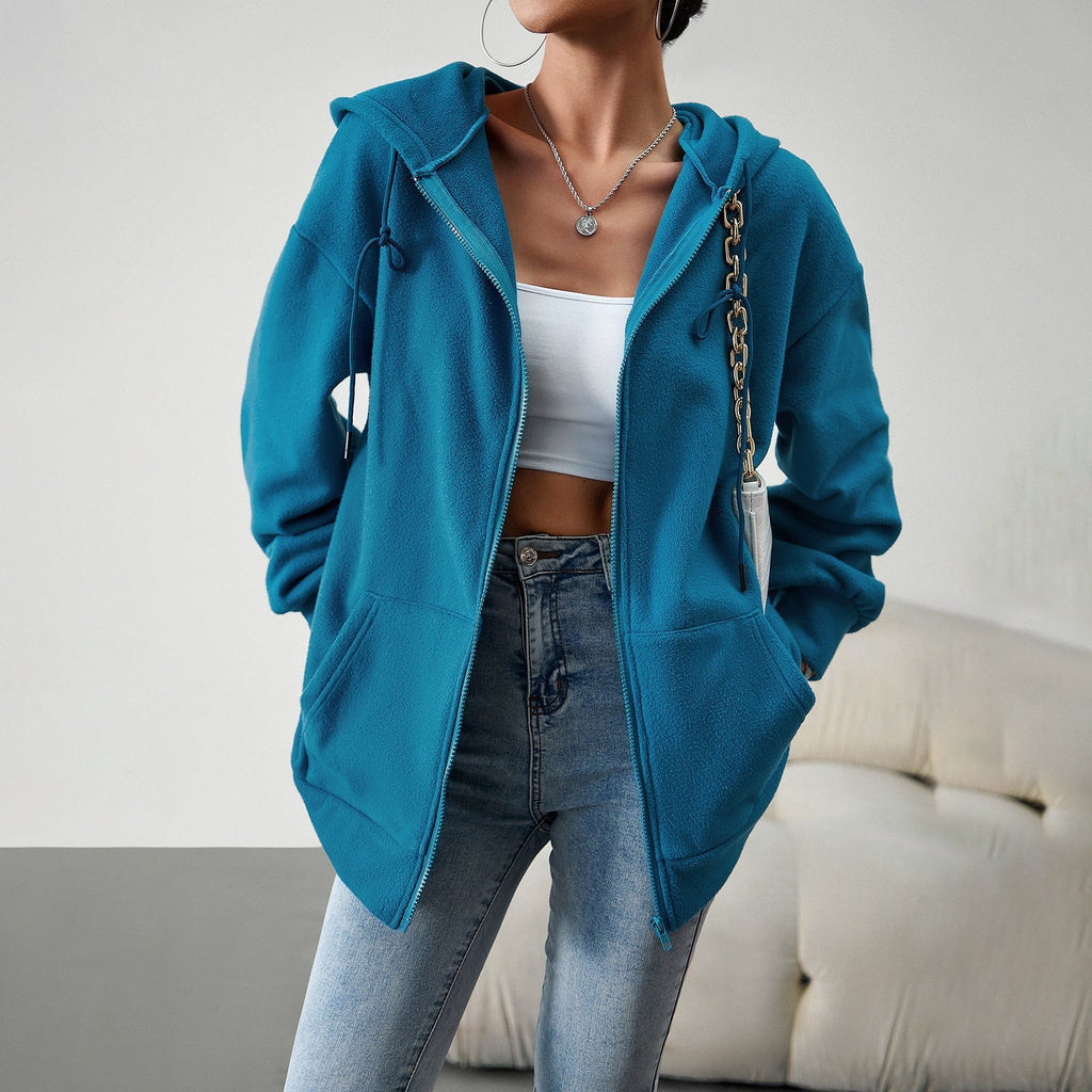 Casual Fashion Hooded Cardigan Jacket With Pockets Winter And Autumn Loose Sports Coat Women Solid Outwear Clothing Pi-Mart