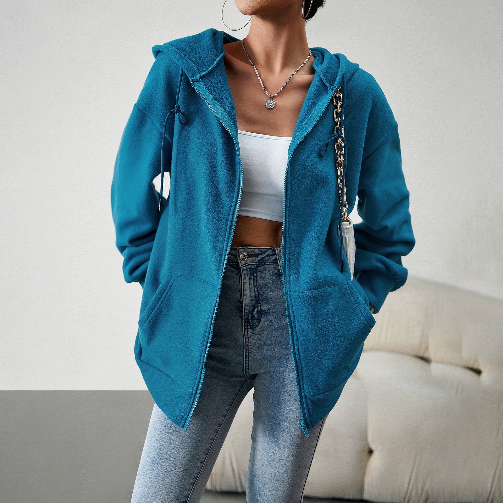 Casual Fashion Hooded Cardigan Jacket With Pockets Winter And Autumn Loose Sports Coat Women Solid Outwear Clothing Pi-Mart