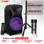 5Core15 inch PA Portable Bluetooth Party Speaker Karaoke Boombox + 2 Wireless Mics Pi-Mart
