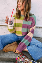 Green Stripe Colorblock Drop Shoulder Ribbed Edge Sweater