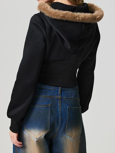 Black Fuzzy Hem Hooded Zip-Up Jacket With Long Sleeves and Casual Style Jacket Stevvex