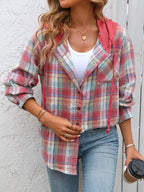 Plaid Buttoned Long Sleeve Hooded Jacket for Women – Cozy & Stylish Cotton-Blend Outerwear