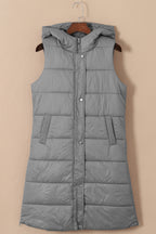Dark Grey Hooded Long Quilted Vest Coat Lootquake LLC