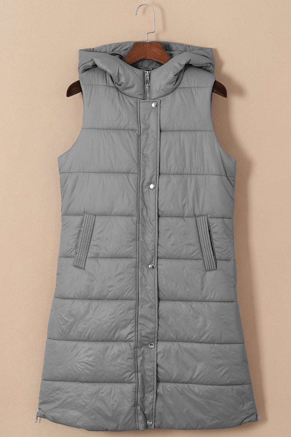 Dark Grey Hooded Long Quilted Vest Coat Lootquake LLC