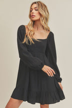 Ruffled Comfortable Hem Square Neck Balloon Sleeve Mini Dress For Women – Trendy, Romantic and Playful Style for Any Occasion