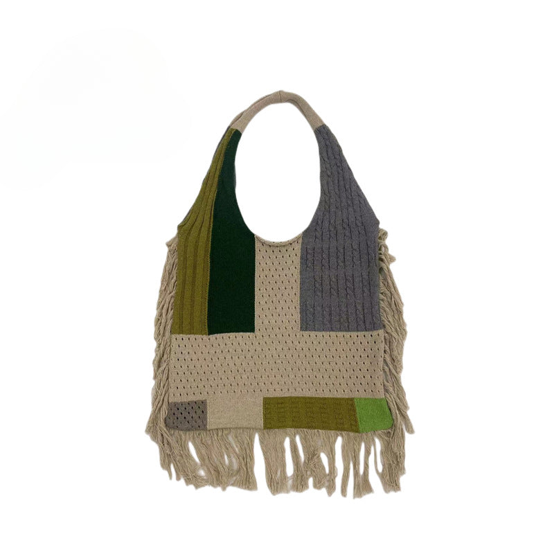 Tassel bag women, splicing knitted shoulder bag, simple and versatile retro knitted bag hobo - SJB-DIAMOND ELITES
