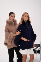 Genuine Polar Fox Fur Cashmere Blend Poncho in True Navy - SJB-DIAMOND ELITES