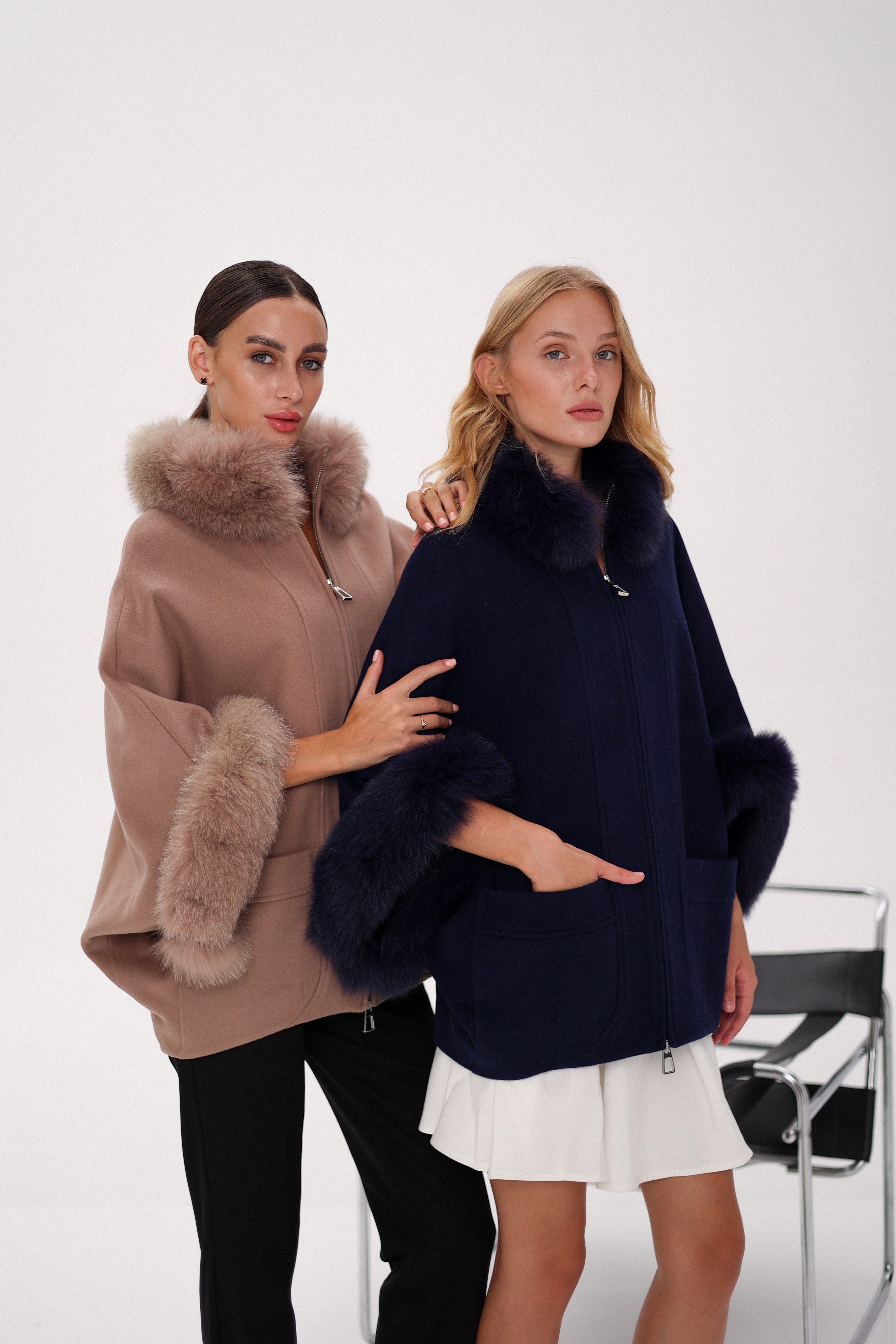 Genuine Polar Fox Fur Cashmere Blend Poncho in True Navy - SJB-DIAMOND ELITES