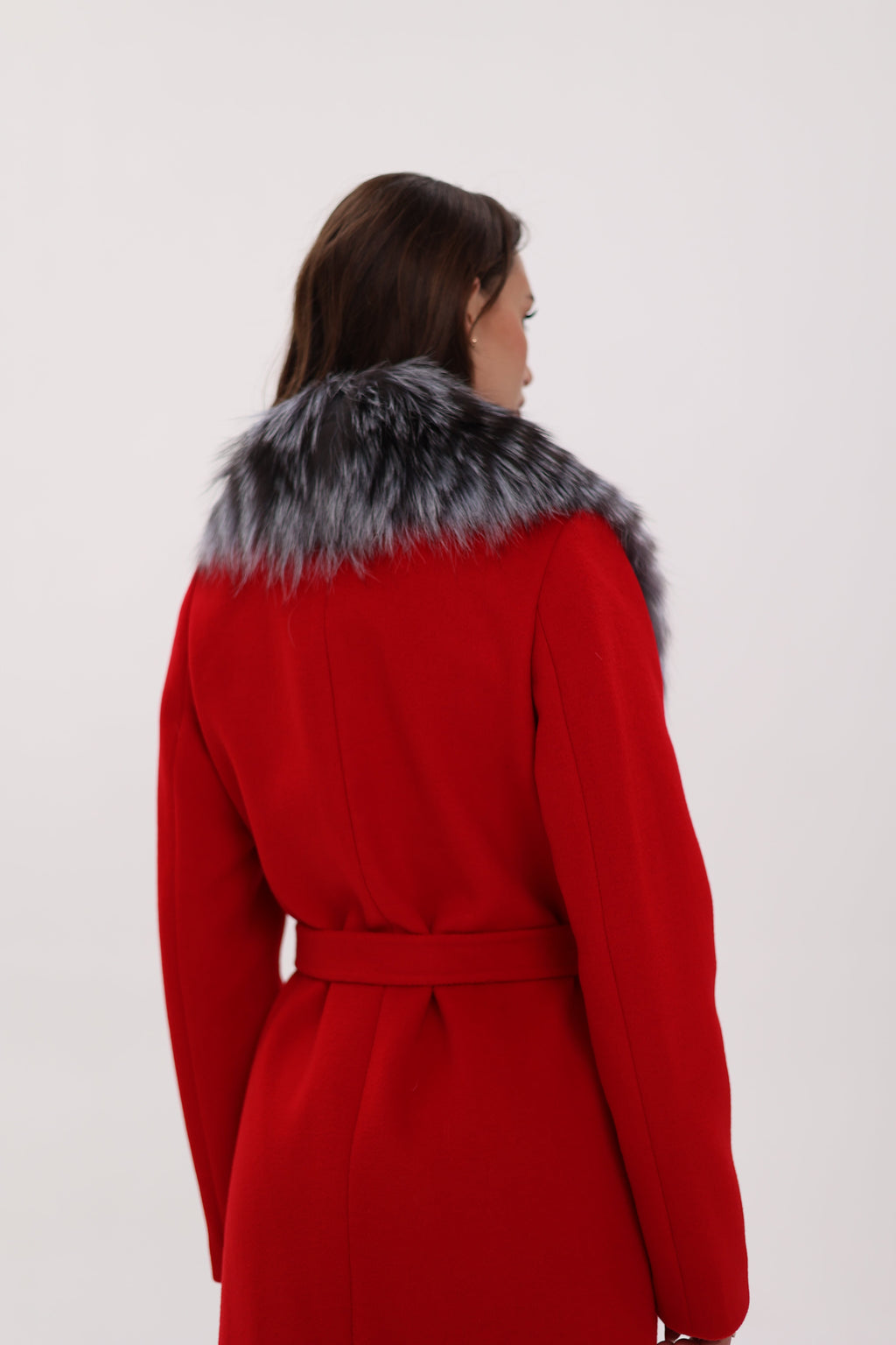 Genuine Silver Fox Virgin Wool Wrap Coat in Red - SJB-DIAMOND ELITES