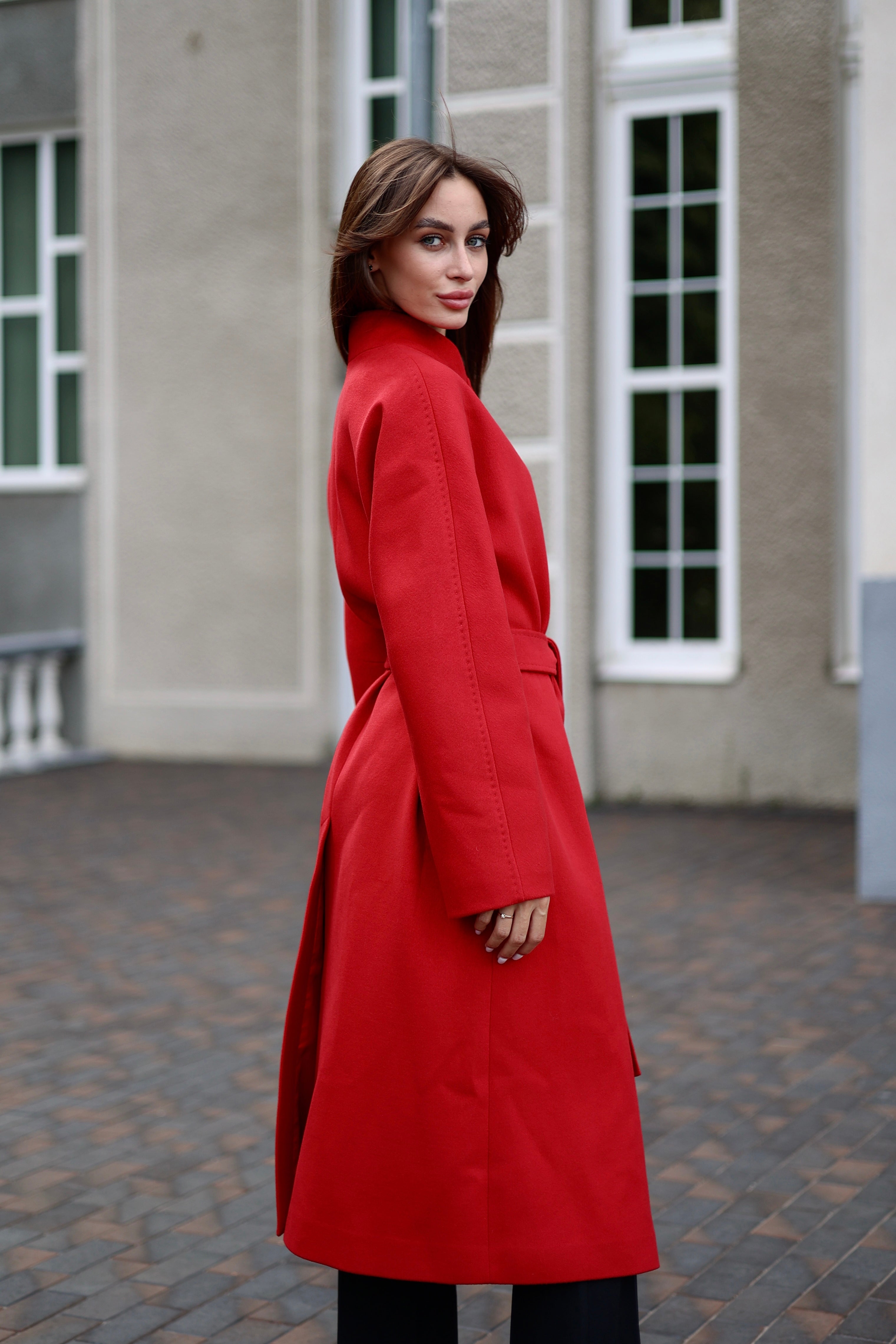 Band Collar Wool Blend Coat in Autumn Red - SJB-DIAMOND ELITES