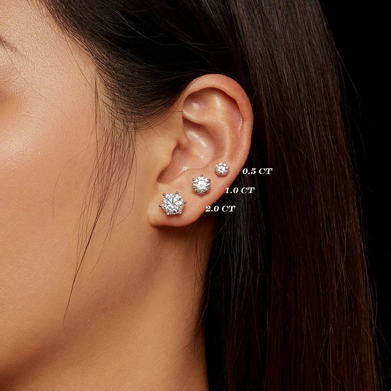 2Ct Moissanite Round Stud Earrings VVS1 D Color S925 Sterling Silver Screw Back BandsCo Straps