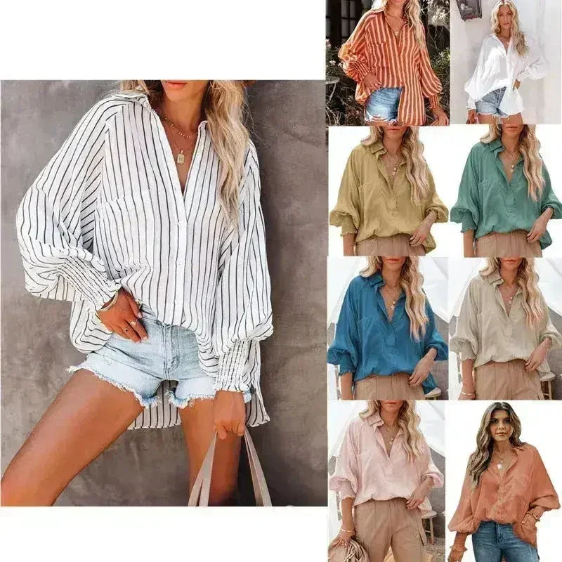 Spring And Autumn New Lapel Shirts Thin Mid Length Striped Casual Long - SJB-DIAMOND ELITES