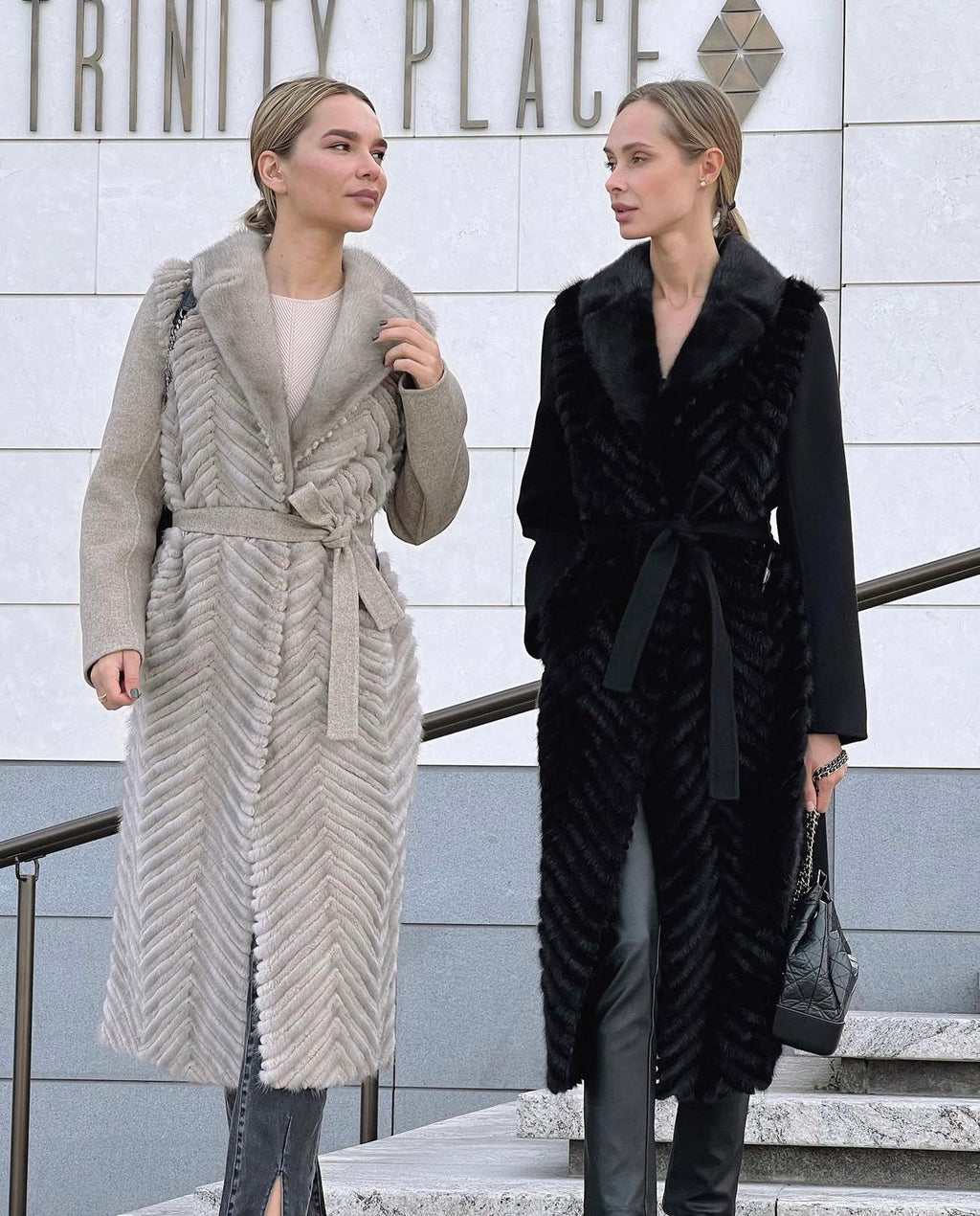 Genuine Mink Fur Rex Fur Trim Virgin Wool Coat in Beige - SJB-DIAMOND ELITES