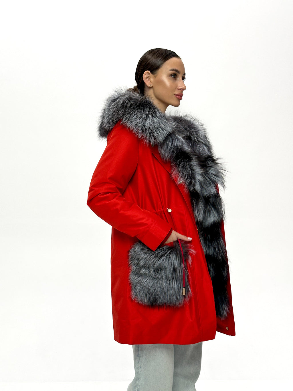 Roma Genuine Silver Fox Fur Rabbit Fur Insulated Parka in Red Alaska® Outerwear Company