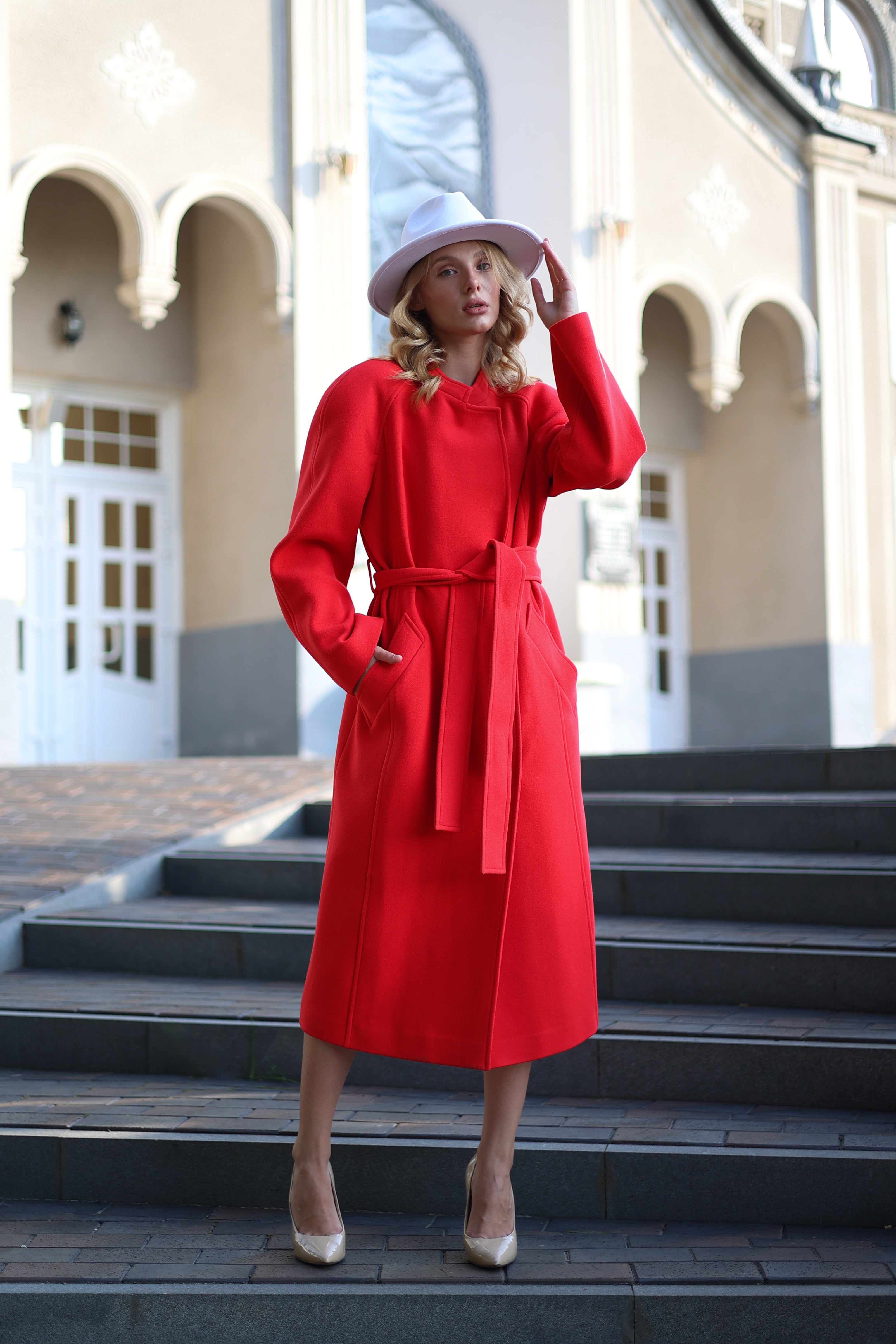 Band Collar Wool Blend Coat in Red - SJB-DIAMOND ELITES
