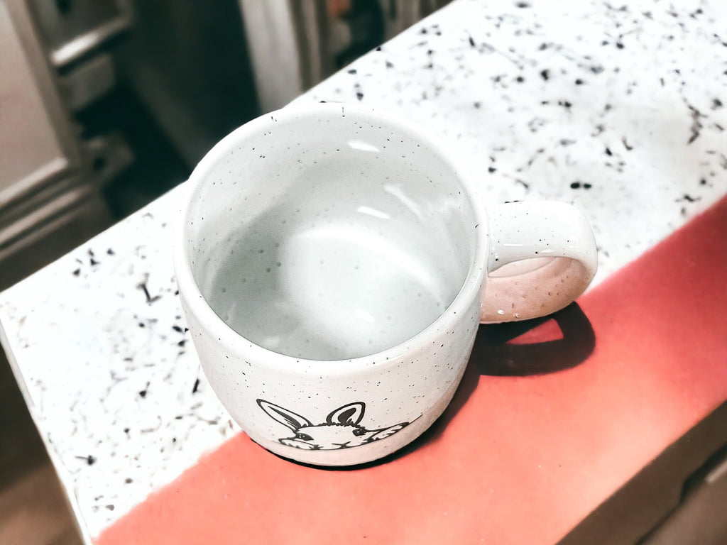 Farmhouse Ceramic Bunny Mug Hand-Painted Ivory With Pastel Pink Base, 12 Oz BandsCo Straps