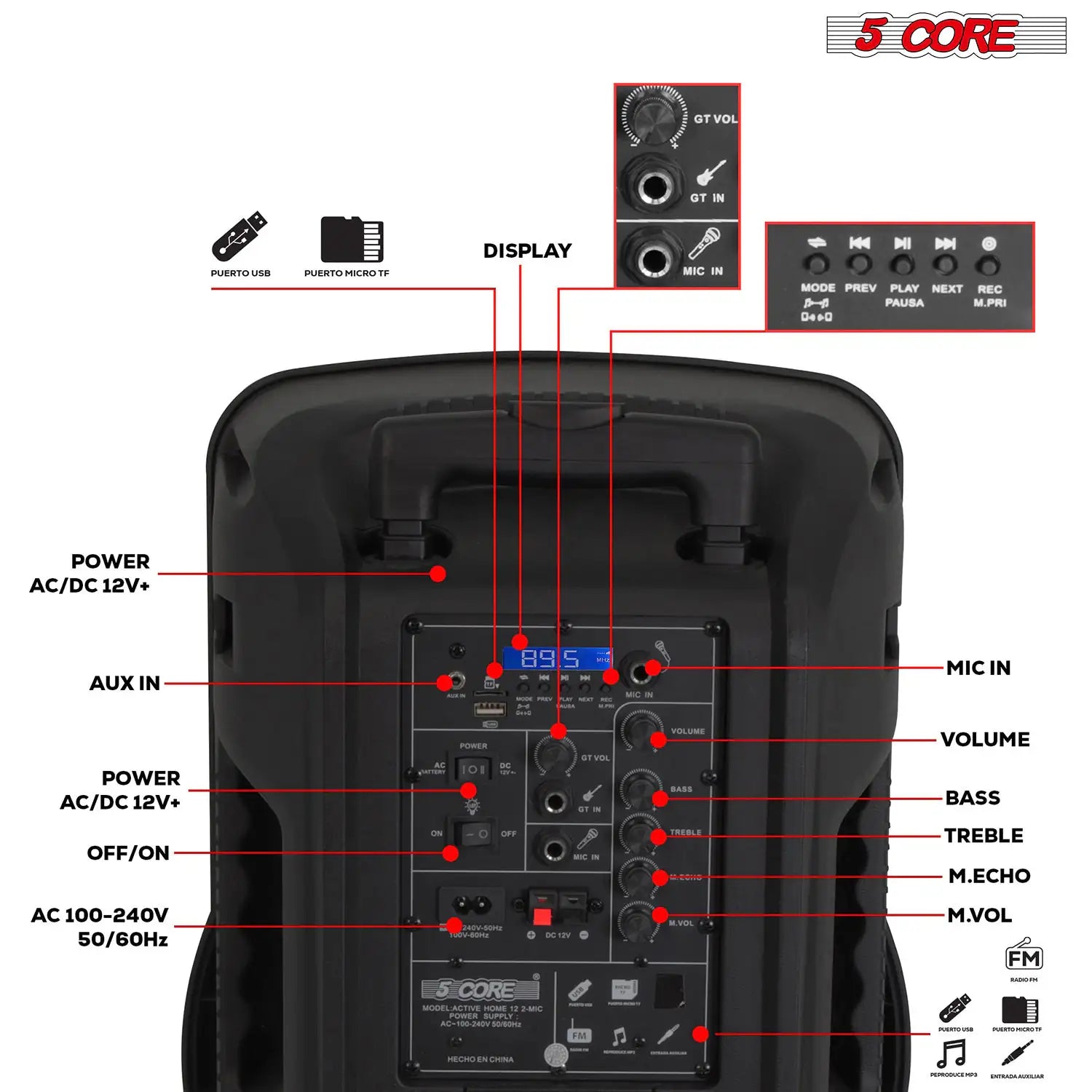 5Core 12 inch PA Portable Bluetooth Party Speaker Karaoke Boombox + 2 Wireless Mics Pi-Mart
