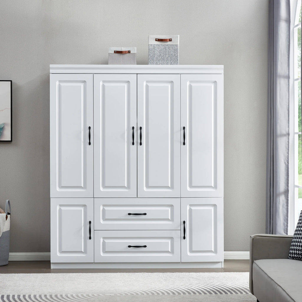 YG-15 74" H White Solid Wood Freestanding Wardrobe Closet for Clothes Storage. Bedroom Wardrobe Storage Cabinet featuring 2 Hanging Rod Shelves, 2 Drawers, and 5 Storage Compartments Pi-Mart