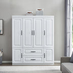 YG-15 74" H White Solid Wood Freestanding Wardrobe Closet for Clothes Storage. Bedroom Wardrobe Storage Cabinet featuring 2 Hanging Rod Shelves, 2 Drawers, and 5 Storage Compartments Pi-Mart