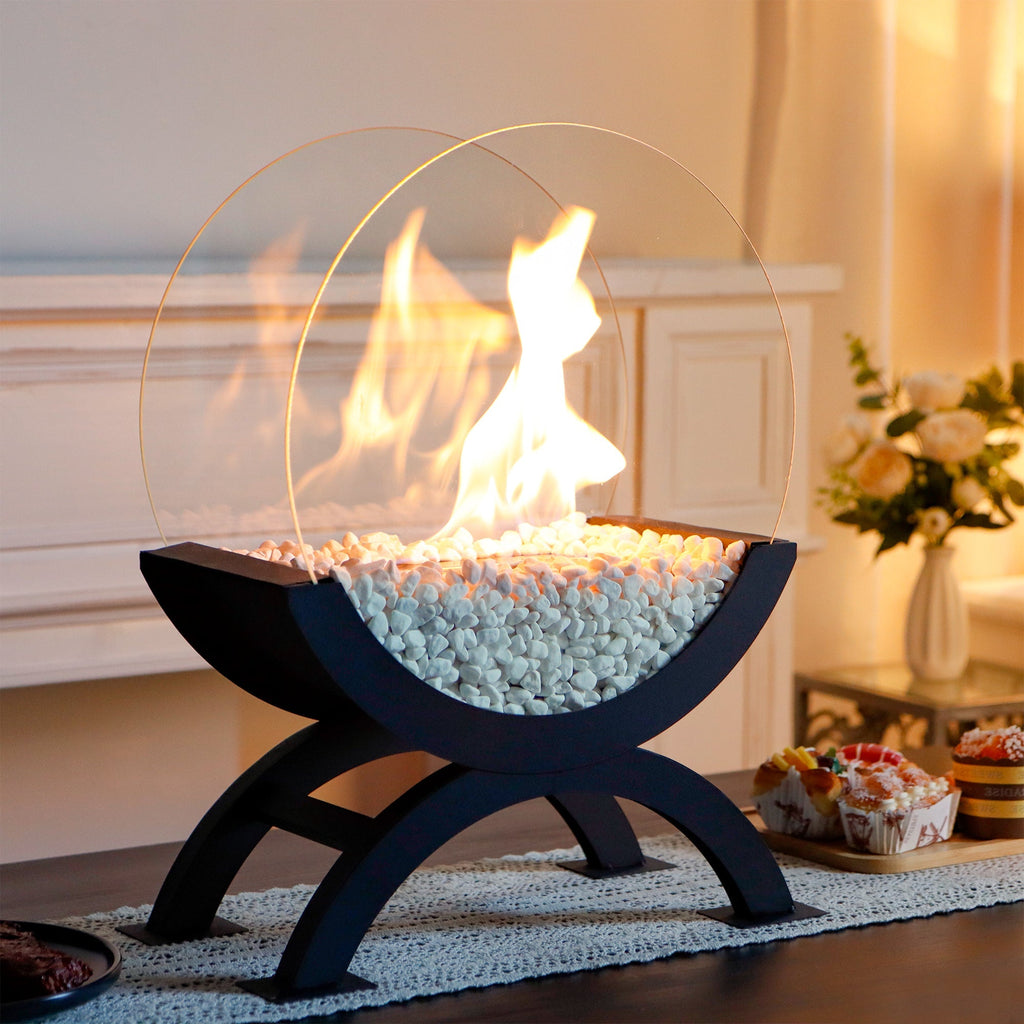 Portable Round Tabletop Fireplace 48cm H – Clean Burning Bio Ethanol, Ventless Glass Fire Bowl, Lootquake LLC