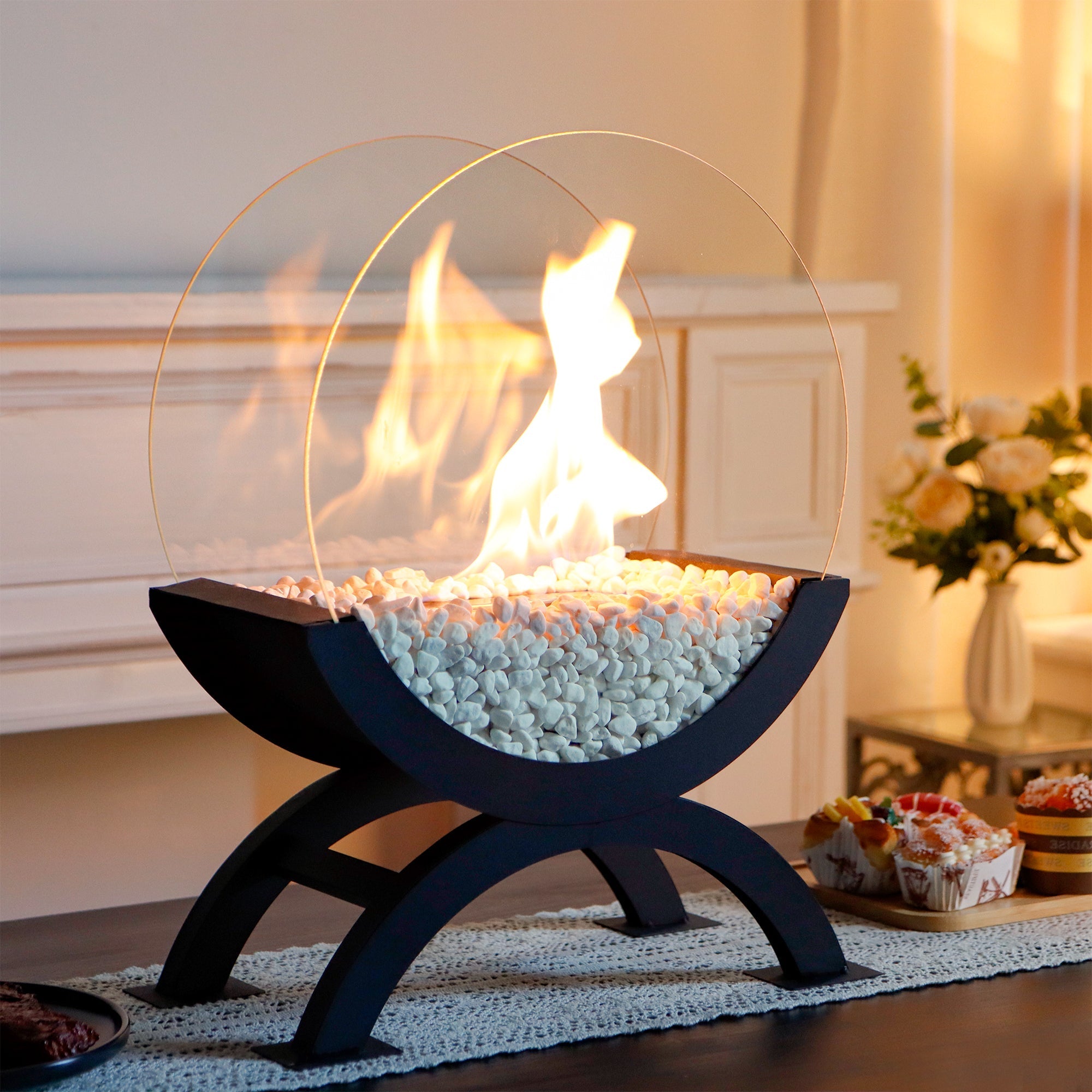 Portable Round Tabletop Fireplace 48cm H – Clean Burning Bio Ethanol, Ventless Glass Fire Bowl, Lootquake LLC