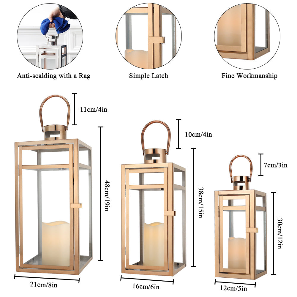 19''&15''&12'' H Stainless Steel Metal Candle Lantern  Candle Holder with Temper Glass Panels(Set of 3 Rose Gold) Lootquake LLC