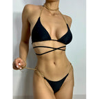 Luxury Black Bikini Set Chain Swimsuit Female Black Swimwear Women Summer Bathing Suit Women V-Wired Underwire Push Up High Cut Bikini Set Two Pieces Bathing Suit Stevvex