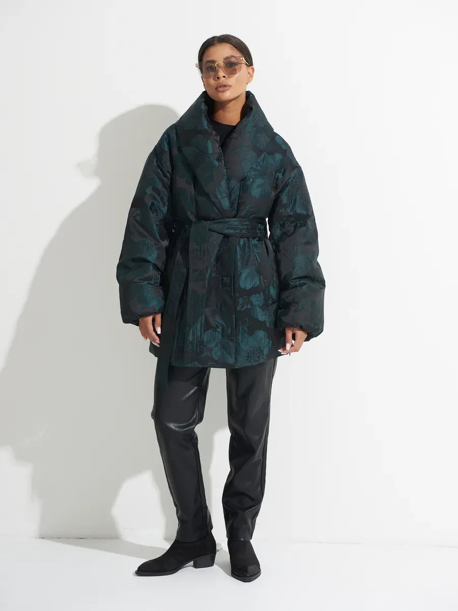 Monochrome Jacquard Down Coat in Vintage Emerald - SJB-DIAMOND ELITES