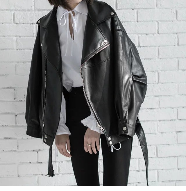 PU Faux Leather Jacket Women Loose Sashes Casual Biker Jackets Outwear Female Tops BF Style Black Leather Jacket Coat Stevvex