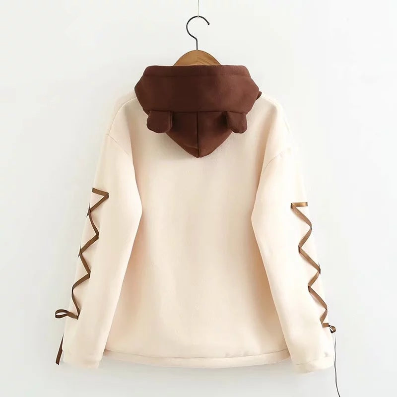 Woman Bear Cap Hoodies Sweatshirt Top Women Long Sleeve Ribbon Hair Ball Cute Sweatshirt Hooded Jumper Pullover Hoodie Hooded Sweatshirt Stevvex