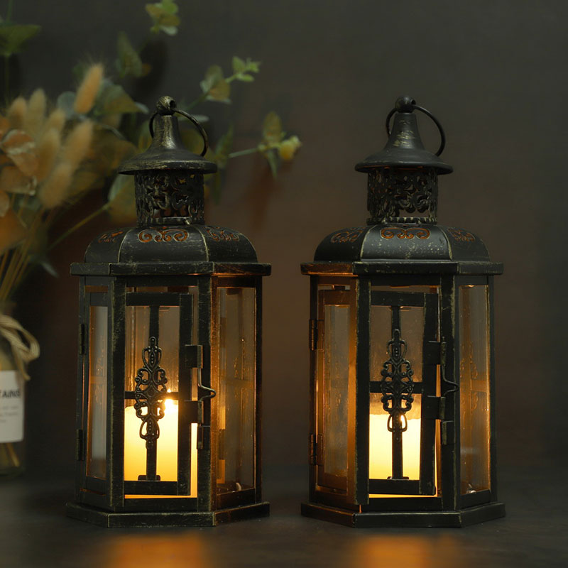 Set of 2 Decorative Lanterns -10 inch High Vintage Style Hanging Lantern Metal Candleholder White with Gold Brush Lootquake LLC
