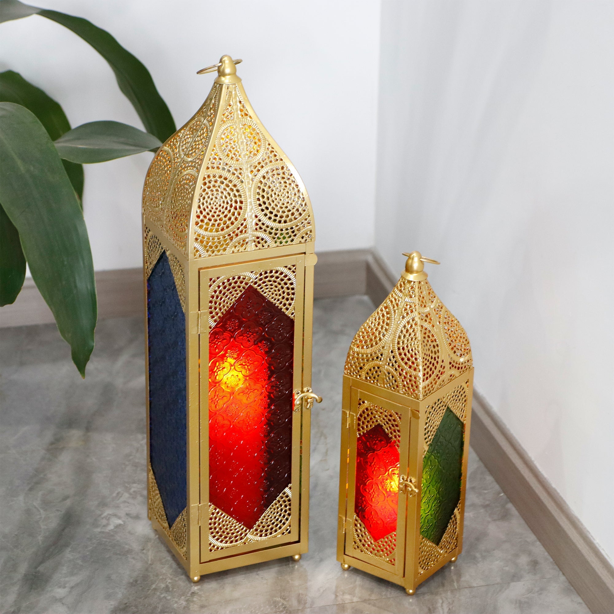 Set of 2 Moroccan Candle Lanterns - 23''&15.5'' H, Hanging, Embossed Colored Tempered Glass, Ramadan Decor for Home, Indoor/Outdoor, Patio & Weddings