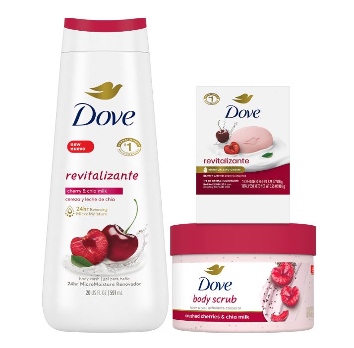 Dove Revitalizing Cherry Collection Gift Set – Cherry & Chia Milk Body Wash, Exfoliating Body Polish + Soap Bar (3 Piece Set)