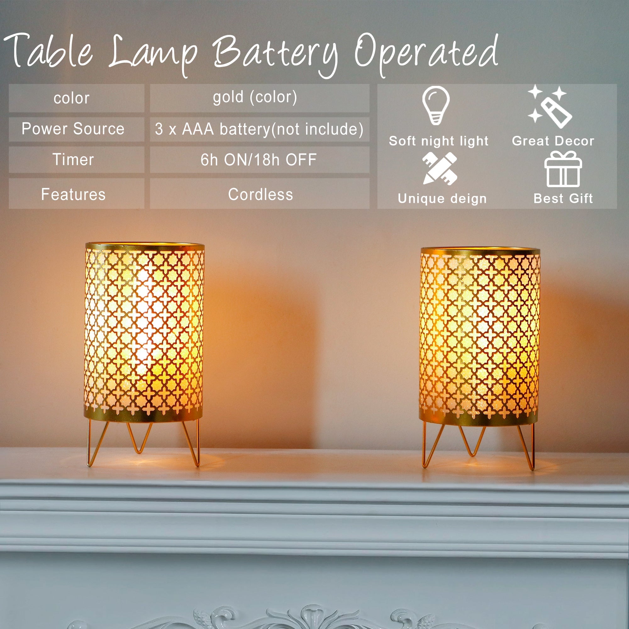 TRIROCKS Set of 2 Battery Operated Lamp 9'' High Cordless Table Lamp Battery Powered Lanterns with 6H Timer for Home Living Room Weddings Parties Patio Events Outdoors Indoors Shelf(Gold) Lootquake LLC