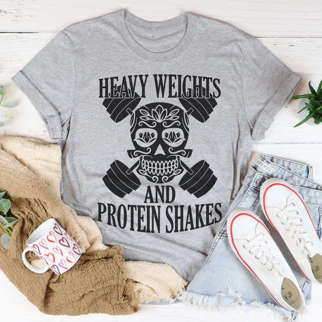 Heavy Weights And Protein Shakes Tee Peachy Sunday