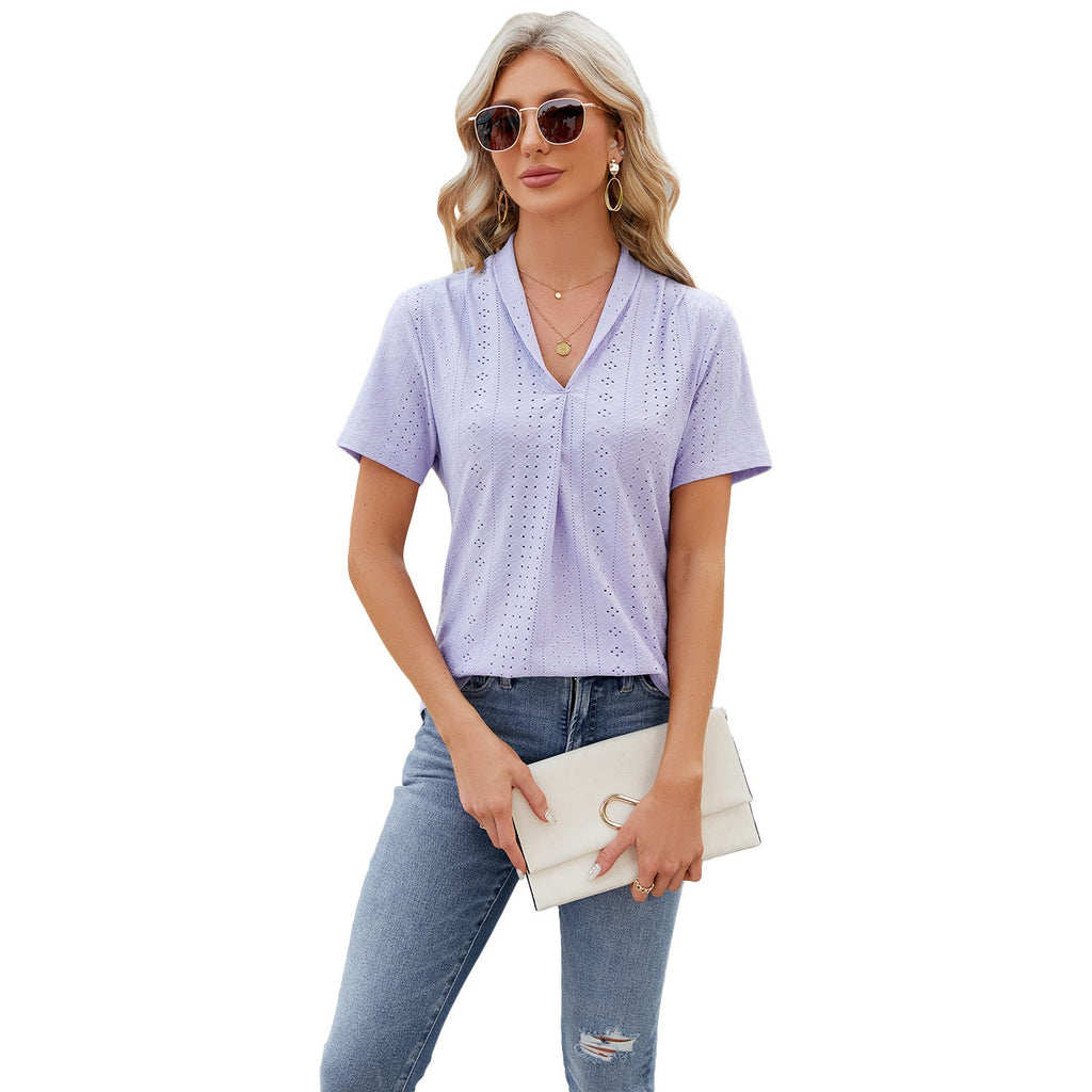 V-neck Hollow Design T-shirt Summer Loose Short-sleeved Top For Womens Clothing Pi-Mart