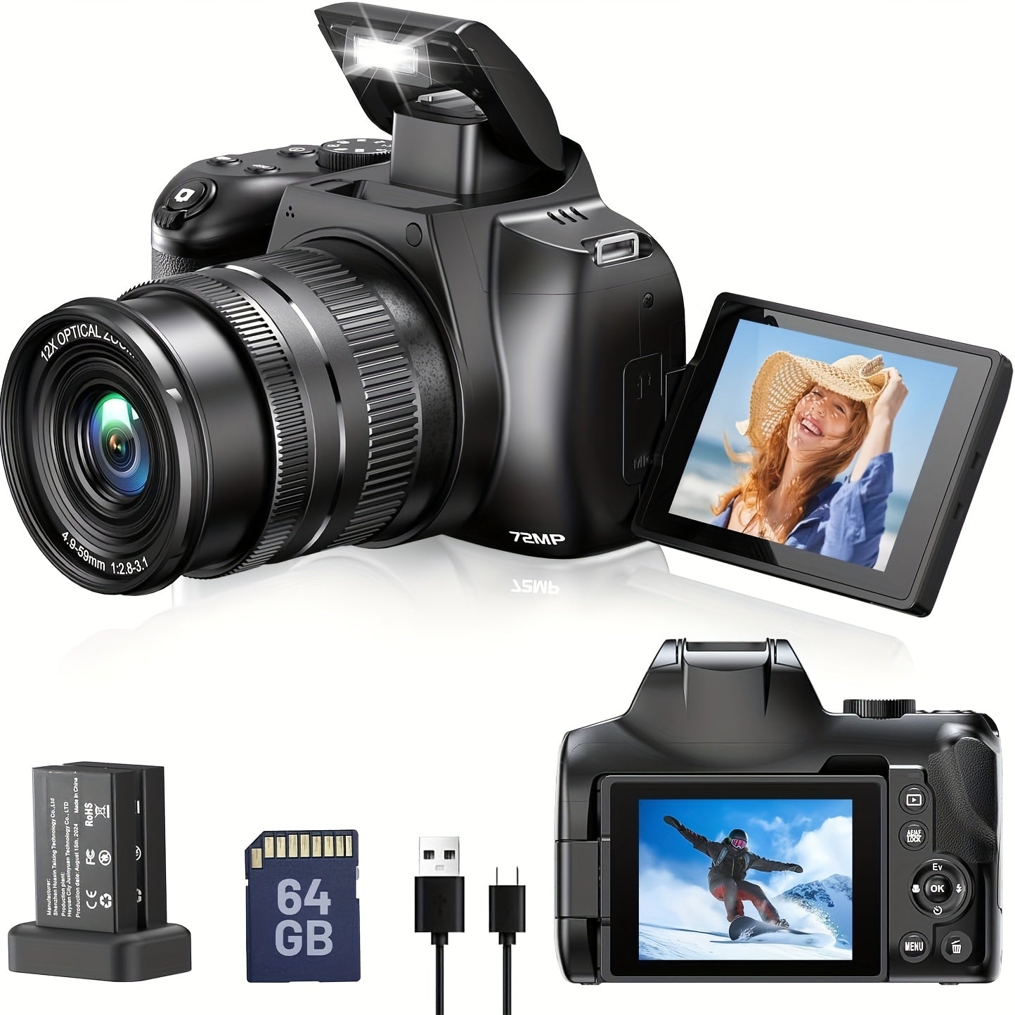 4K Digital Camera For Photography - 12X Optical Zoom 72MP Vlogging Camera For YouTube With 3" 180° Flip Screen, Autofocus Compact Camera With Battery, 64GB SD Card, USB Card Reader & Charging Stand Lootquake LLC