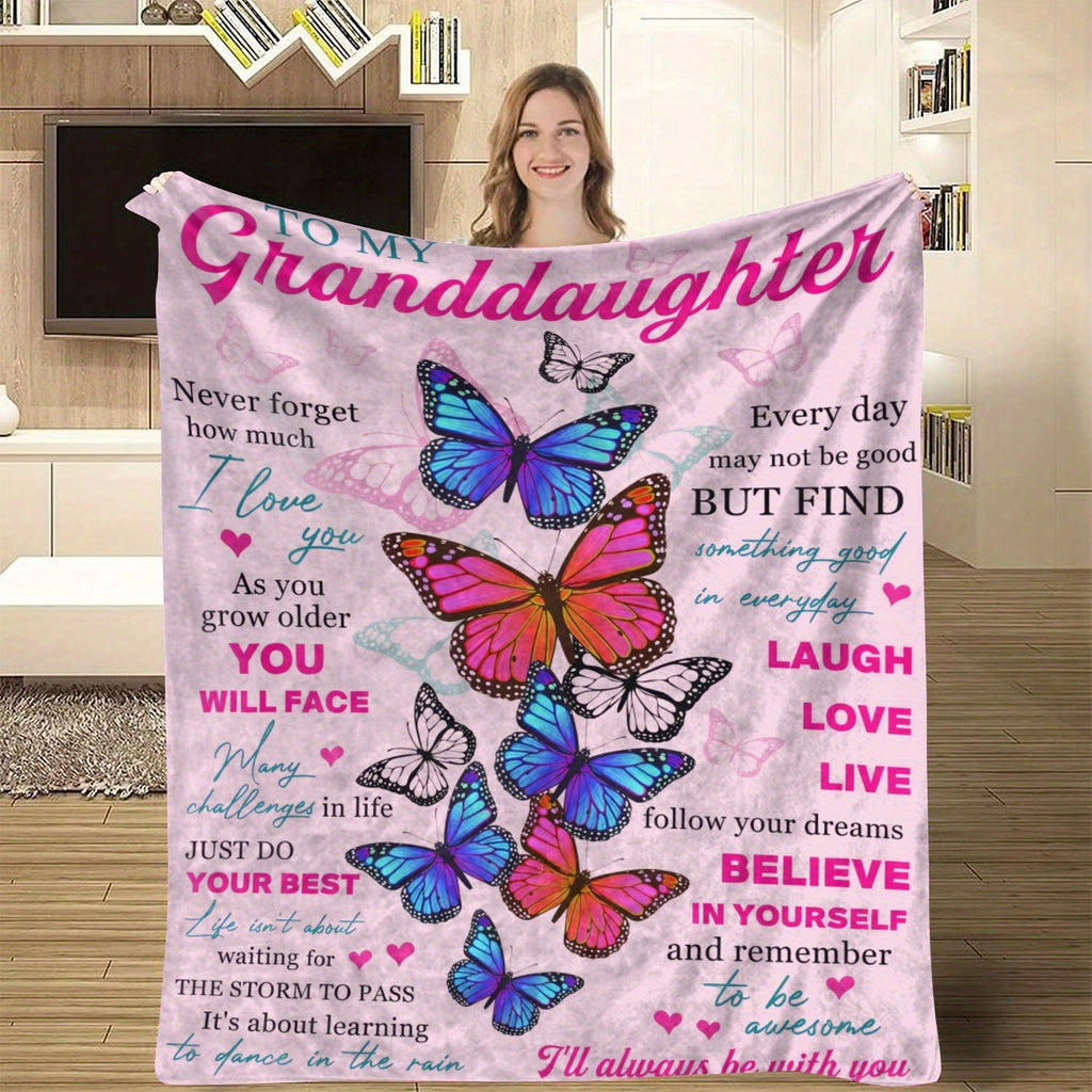1pc Soft Flannel Butterfly Print Blanket, Warm Cozy Throw for Couch Bed Sofa, To My Granddaughter Lootquake LLC
