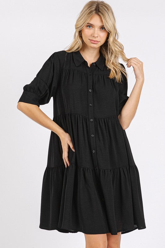 Button Detail Collared Neck Tiered Shirt Dress For Women – Classic Elegant, Fluttering, Chic, and Versatile For Any Occasion Stevvex