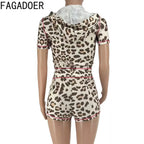 FAGADOER Sexy Leopard Contrast Letter Print Woman 2 Piece Set Outfit Short Sleeve Crop Jacket+Skinny Flare Pants Suit Streetwear Purplish Diva